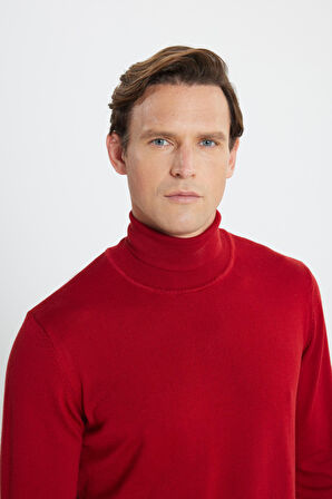 Erkek Kırmızı Standart Fit Normal Kesim Tam Balıkçı Yaka Triko Kazak