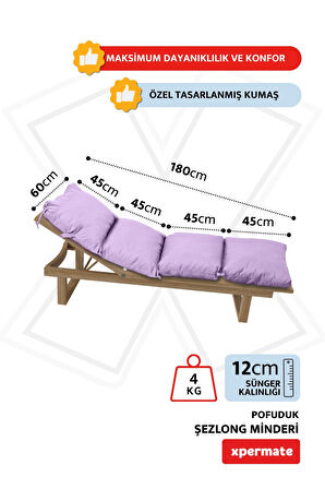XPERMATE Pofuduk Şezlong Minderi 60x180x12Cm Su İtici,Katlanır,UV Güneş Dayanımı, Fermuar, Lila