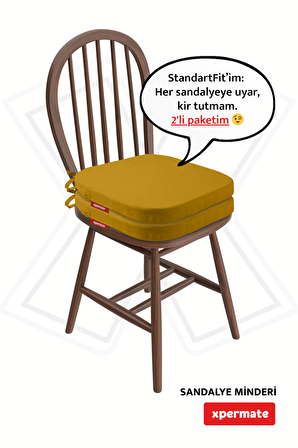 XPERMATE 2'li StandartFit Oval Sandalye Minderi Fermuarlı Yıkanabilir Kılıf Bağcıklı Su ve Yağ İtici 42x42x5 Hardal