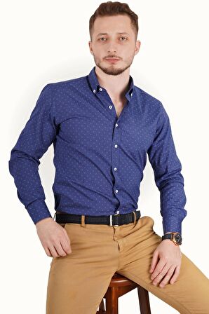 Erkek Lacivert Nokta Baskılı Slimfit Gömlek
