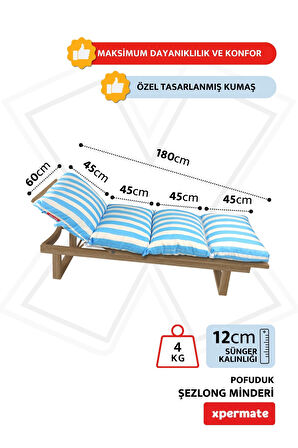 XPERMATE Pofuduk Şezlong Minderi 60x180x12Cm Su İtici,Katlanır,UV Güneş Dayanımı, Fermuar, Mavi Çizgili