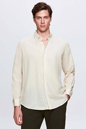 Ds Damat Comfort Bej Düğmeli Yaka Rahat Kesim Keten Görünümlü %100 Pamuk Gömlek 2HC02ORT64265 2HC02ORT64265