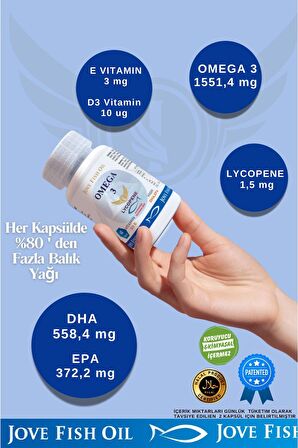 Jove Fish Oil 60 Tablet Yüksek Epha Dha Omega3 E ve D3 Vitamini Likopen PATENTLİ TEKNOLOJİ