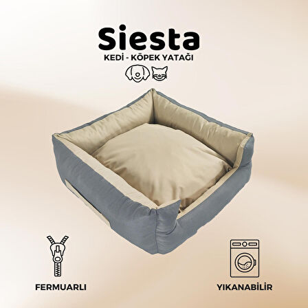 XPERMATE Siesta Kedi Yatağı Tüy Tutmaz Kumaş, Köpek Yatağı Su İtici Kumaş Fermuarlı, 55x60x23 Antrasit Bej