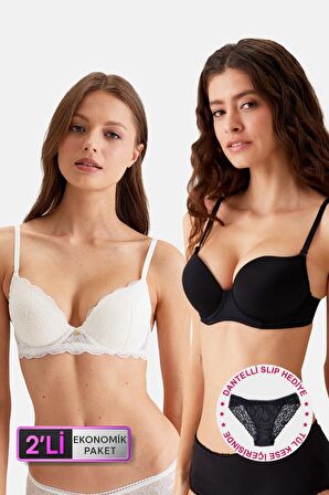 2'li Ekonomik Paket Siyah-beyaz 6329-3 Lyon Balenli Double Push Up Micro Sütyen Set (slip Hediyeli)