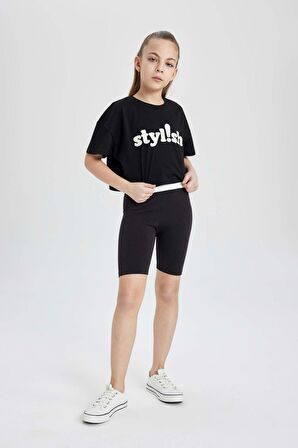 DeFacto Kız Çocuk Bisiklet Yaka Baskılı Crop Kısa Kollu Tişört B7181A824SMBK81