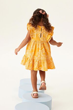 % 100 Pamuklu Orange Floral Elbise