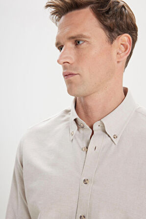 Altınyıldız Classics Slim Fit Düğmeli Yaka Oxford Bej Erkek Gömlek 4A2000000050