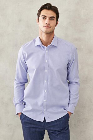 Erkek Beyaz-mavi Ütü Gerektirmeyen Non-iron Slim Fit Dar Kesim %100 Pamuk Gömlek