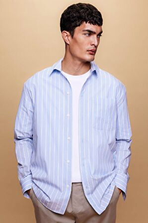 DeFacto Relax Fit Çizgili Poplin Uzun Kollu Gömlek A9440AX23AUBE723