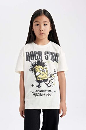 DeFacto Kız Çocuk SpongeBob Oversize Geniş Kalıp Bisiklet Yaka Kısa Kollu Tişört C1463A824SMER99