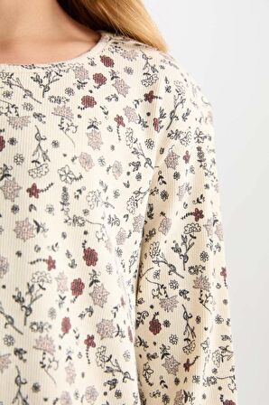 DeFacto Kız Çocuk Pijama Takımı Çiçekli Bisiklet Yaka Uzun Kollu Üst Uzun Alt D6052A824AUBG107