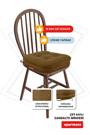 XPERMATE Çift Kat Sandalye Minderi Fermuarlı Yıkanabilir Kılıf Bağcıklı Su ve Yağ İtici 42x42x8 Kahverengi