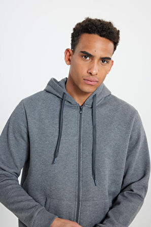 Erkek Antrasit-melanj Standart Fit Normal Kesim Kapüşonlu Fermuarlı Sweatshirt Ceket