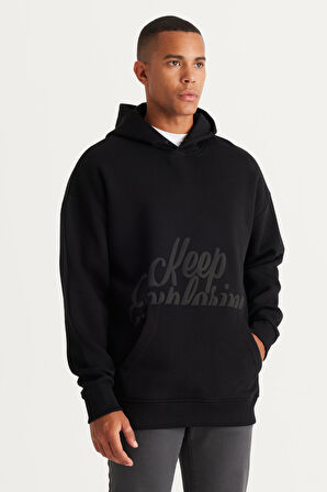 Erkek Siyah Oversize Fit Bol Kesim Kapüşonlu Içi Polarlı 3 Iplik Baskılı Sweatshirt