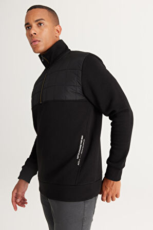 Erkek Siyah Standart Fit Normal Kesim Içi Polarlı 3 Iplik Bato Yaka Desenli Pamuklu Sweatshirt