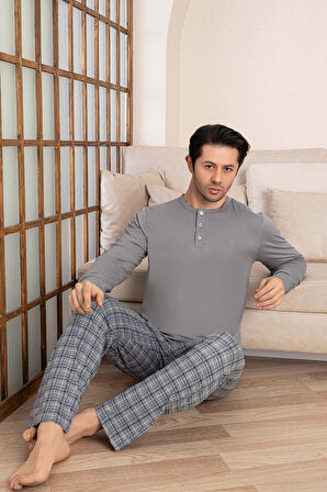 Erkek Ekose Desen 3 Düğmeli Bisiklet Yaka Bilek Manşetli Modal Mevsimlik Uzun Kol Cepli Pijama Takım