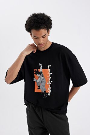 DeFacto Dragon Ball Loose Fit Bisiklet Yaka Sırt Baskılı Pamuklu Kısa Kollu Tişört C6526AX24AUBK81