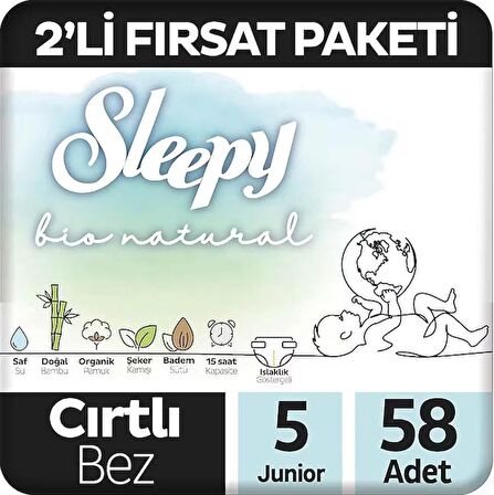 Sleepy Bio Natural 2'li Fırsat Paketi Bebek Bezi 5 Numara Junior 58 Adet