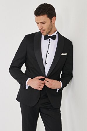 Erkek Siyah Slim Fit Dar Kesim Desenli Smokin Damatlık