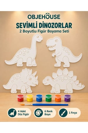 Objehouse Sevimli Dinozorlar 2 Boyutlu Boyama Seti, 4 Figür, 6 Renk Boya, 1 Fırça