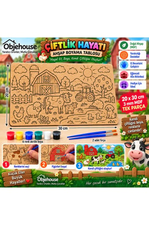 Objehouse Çiftlik Hayatı Ahşap Boyama Tablosu, 20 x 30 cm Tek Parça MDF Etkinlik Seti