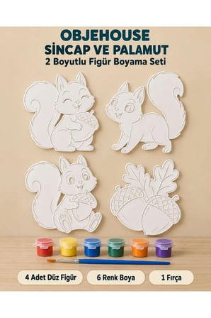 Objehouse Sincap ve Palamut 2 Boyutlu Boyama Seti, 4 Figür, 6 Renk Boya, 1 Fırça