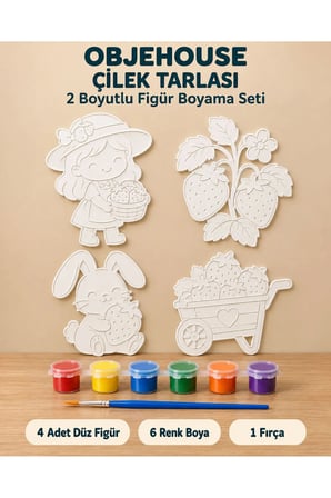 Objehouse Çilek Tarlası 2 Boyutlu Boyama Seti, 4 Figür, 6 Renk Boya, 1 Fırça