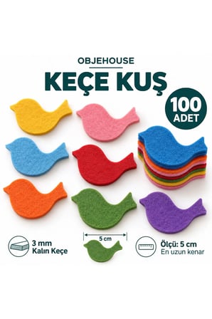 Objehouse Keçe Kuş Süsleme Figürü, 100 Adet, 5 cm, 3 mm Kalın Keçe