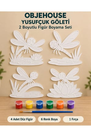 Objehouse Yusufçuk Göleti 2 Boyutlu Boyama Seti, 4 Figür, 6 Renk Boya, 1 Fırça