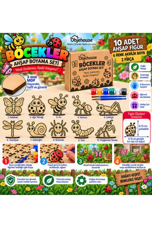 Objehouse Böcekler Ahşap Boyama Seti, 10 MDF Figür, 6 Renk Boya, 2 Fırça