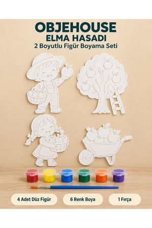 Objehouse Elma Hasadı 2 Boyutlu Boyama Seti, 4 Figür, 6 Renk Boya, 1 Fırça