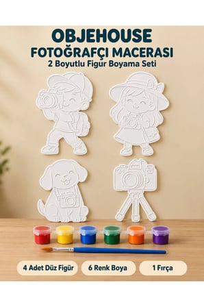 Objehouse Fotoğrafçı Macerası 2 Boyutlu Boyama Seti, 4 Figür, 6 Renk Boya, 1 Fırça