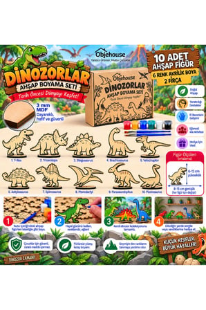 Objehouse Dinozorlar Ahşap Boyama Seti, 10 MDF Figür, 6 Renk Boya, 2 Fırça