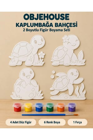 Objehouse Kaplumbağa Bahçesi 2 Boyutlu Boyama Seti, 4 Figür, 6 Renk Boya, 1 Fırça