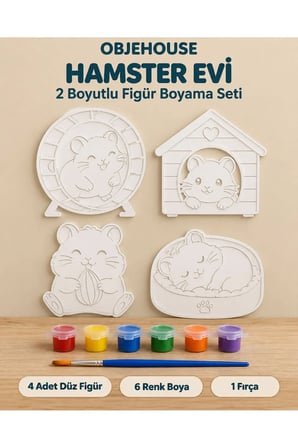 Objehouse Hamster Evi 2 Boyutlu Boyama Seti, 4 Figür, 6 Renk Boya, 1 Fırça
