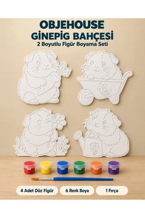 Objehouse Ginepig Bahçesi 2 Boyutlu Boyama Seti, 4 Figür, 6 Renk Boya, 1 Fırça