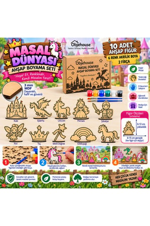 Objehouse Masal Dünyası Ahşap Boyama Seti, 10 MDF Figür, 6 Renk Boya, 2 Fırça