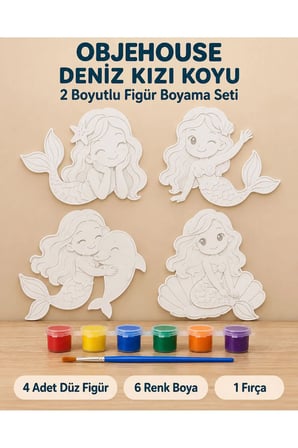 Objehouse Deniz Kızı Koyu 2 Boyutlu Boyama Seti, 4 Figür, 6 Renk Boya, 1 Fırça