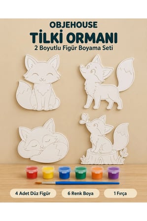 Objehouse Tilki Ormanı 2 Boyutlu Boyama Seti, 4 Figür, 6 Renk Boya, 1 Fırça