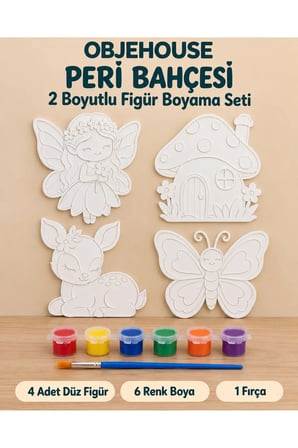 Objehouse Peri Bahçesi 2 Boyutlu Boyama Seti, 4 Figür, 6 Renk Boya, 1 Fırça