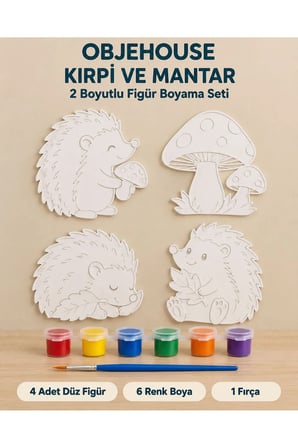 Objehouse Kirpi ve Mantar 2 Boyutlu Boyama Seti, 4 Figür, 6 Renk Boya, 1 Fırça