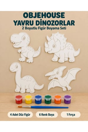 Objehouse Yavru Dinozorlar 2 Boyutlu Boyama Seti, 4 Figür, 6 Renk Boya, 1 Fırça