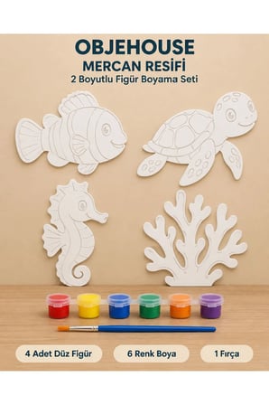 Objehouse Mercan Resifi 2 Boyutlu Boyama Seti, 4 Figür, 6 Renk Boya, 1 Fırça