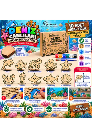 Objehouse Deniz Canlıları Ahşap Boyama Seti, 10 MDF Figür, 6 Renk Boya, 2 Fırça