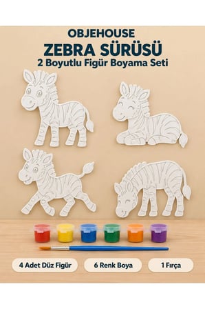 Objehouse Zebra Sürüsü 2 Boyutlu Boyama Seti, 4 Figür, 6 Renk Boya, 1 Fırça