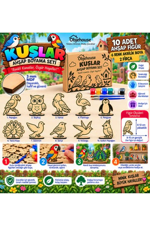 Objehouse Kuşlar Ahşap Boyama Seti, 10 MDF Figür, 6 Renk Boya, 2 Fırça