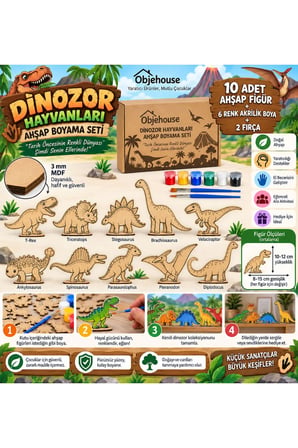 Objehouse Dinozor Hayvanları Ahşap Boyama Seti, 10 MDF Figür, 6 Renk Boya, 2 Fırça