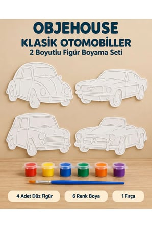 Objehouse Klasik Otomobiller 2 Boyutlu Boyama Seti, 4 Figür, 6 Renk Boya, 1 Fırça