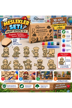 Objehouse Meslekler Ahşap Boyama Seti, 10 MDF Figür, 6 Renk Boya, 2 Fırça